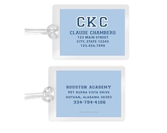 Laminated bag tag - Simple Blue navy shadow font available in any color combo - by Kate Chambers Designs