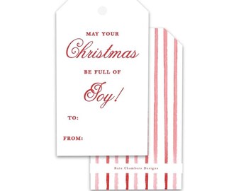 Blank Watercolor Red Stripe "Christmas Full of Joy" Holiday gift tag enclosure