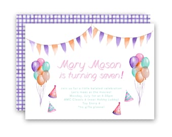 Watercolor banner balloons party hats lilac purple gingham girls birthday party invitations