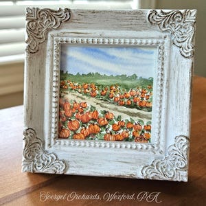 May include: A small square watercolor painting of a pumpkin patch in a distressed white ornate frame with corner scrollwork. The painting depicts orange pumpkins in a field under a blue sky. The text Soergel Orchards, Wexford, PA is visible.