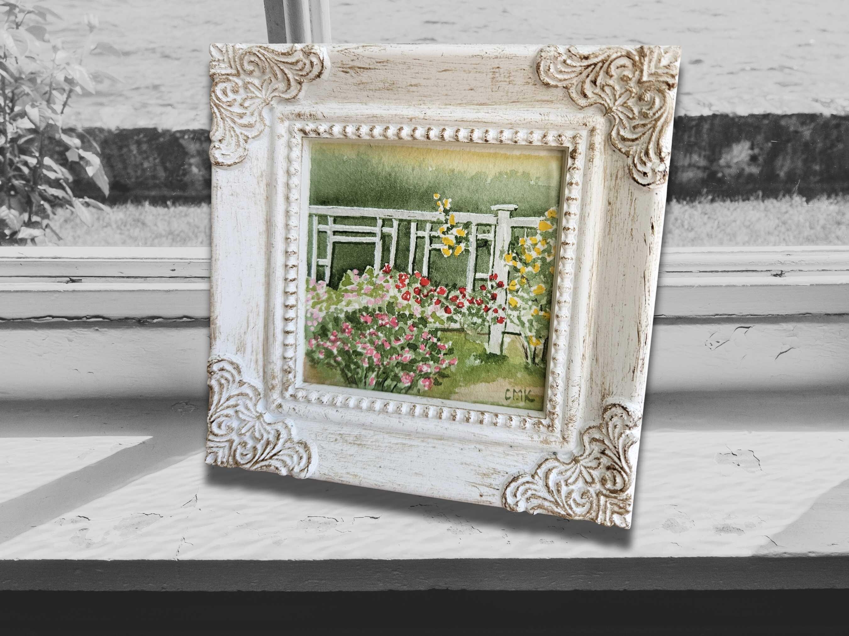 Framed Tiny Garden Watercolor Painting. Mini Original Hand-Painted Artwork. Easel Backed 4.3"x4.3" Frame.