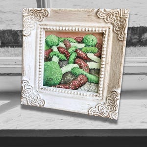 Framed Tiny Garden Watercolor Painting. Mini Original Hand-Painted Artwork. Easel Backed 4.3&quot;x4.3&quot; Frame.