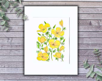 Yellow Poppies Floral Botanical Art: Original Watercolor Painting Matted 8" x 10"