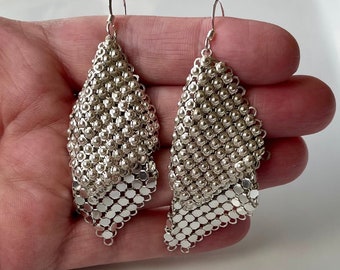 Vintage Silver Sequin Dangle Earrings, 1970s Mesh Statement Earrings, Upcycled Jewelry