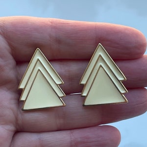 Vintage Trifari Clip On Earrings, Ivory Gold Tone Enamel Triangle Earrings