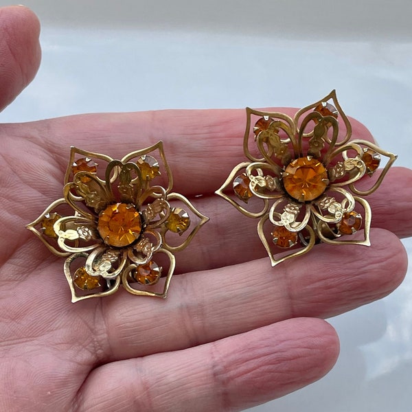 Vintage Gold Tone Flower Clip On Earrings with Amber Rhinestones
