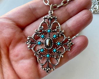 Vintage Avon Mirabella Pendant Necklace: Silver Tone, Faux Turquoise, Hematite