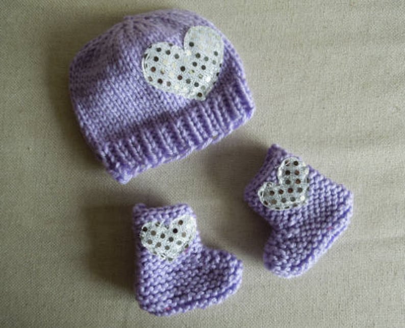 Newborn Girl Hat Baby Shower Gift Lavender Silver Sparkly Heart Baby Girl Boots New Born Set