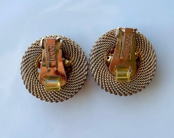 Vintage Hobe Round Clip on Earrings, 1950s Gold Tone Mesh