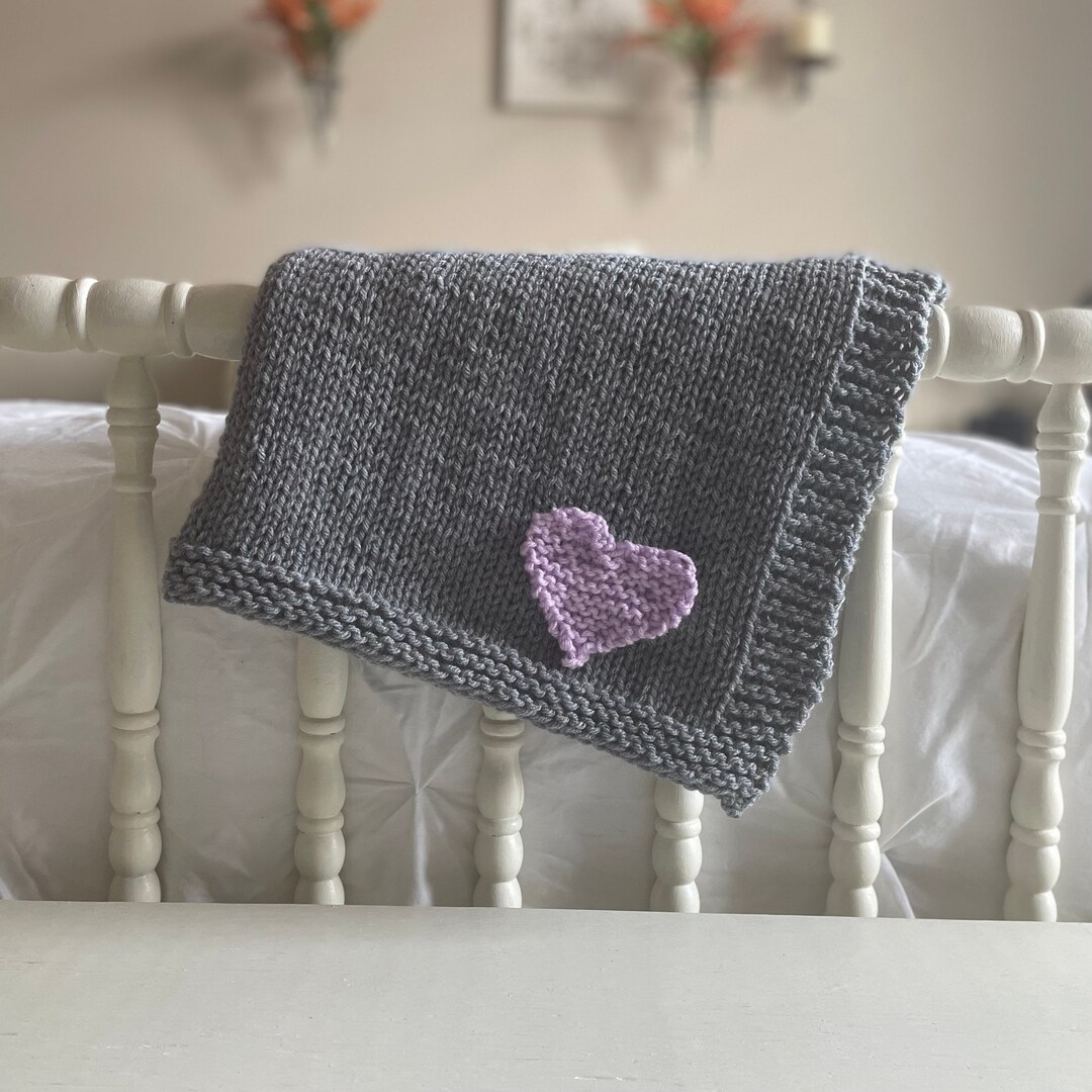 Knit Baby Blanket With Heart Baby Shower Gift/ Gray Lavender Etsy