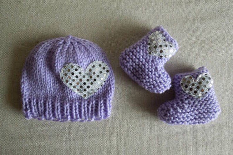 Newborn Girl Hat Baby Shower Gift Lavender Silver Sparkly Heart Baby Girl Boots New Born Set