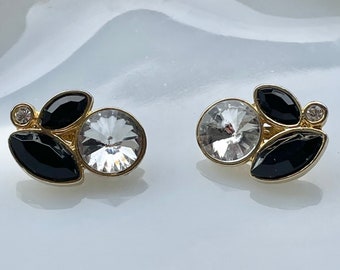 Vintage Flower Clip On Earrings, Gold Tone, Black and Clear Rhinestones