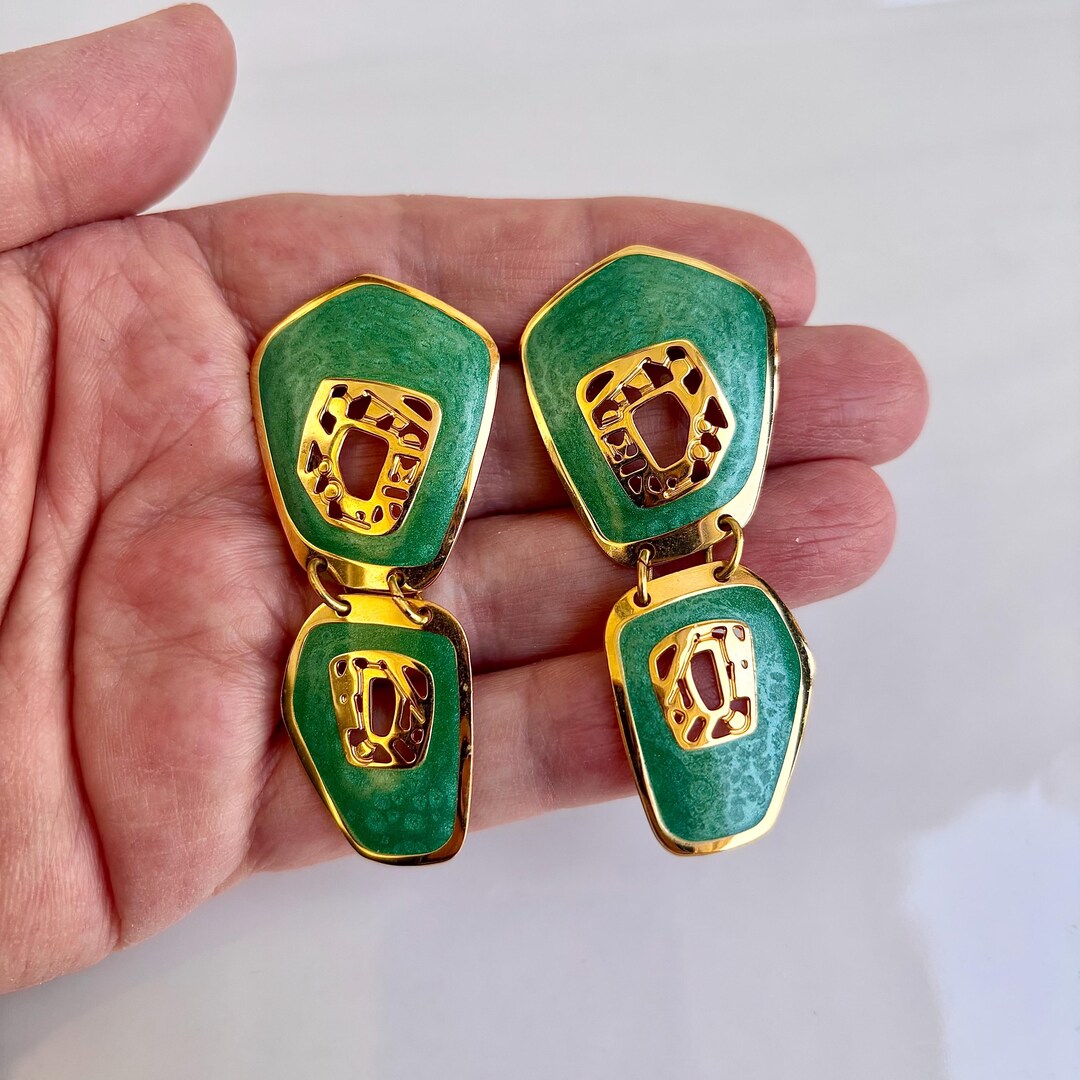 Vintage 1980s Edgar Berebi Gold and Green Enamel Drop Earrings for ...