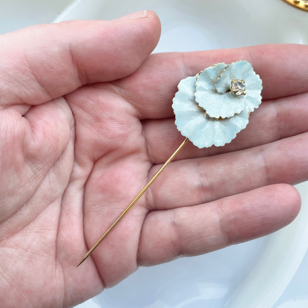 Vintage Flower Stick Pin, Light Blue Gold Tone Rhinestone, Midcentury ...