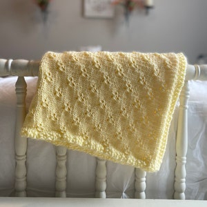 Yellow Knit Baby Blanket: Gender Neutral, Vintage Inspired, Eyelet Lace
