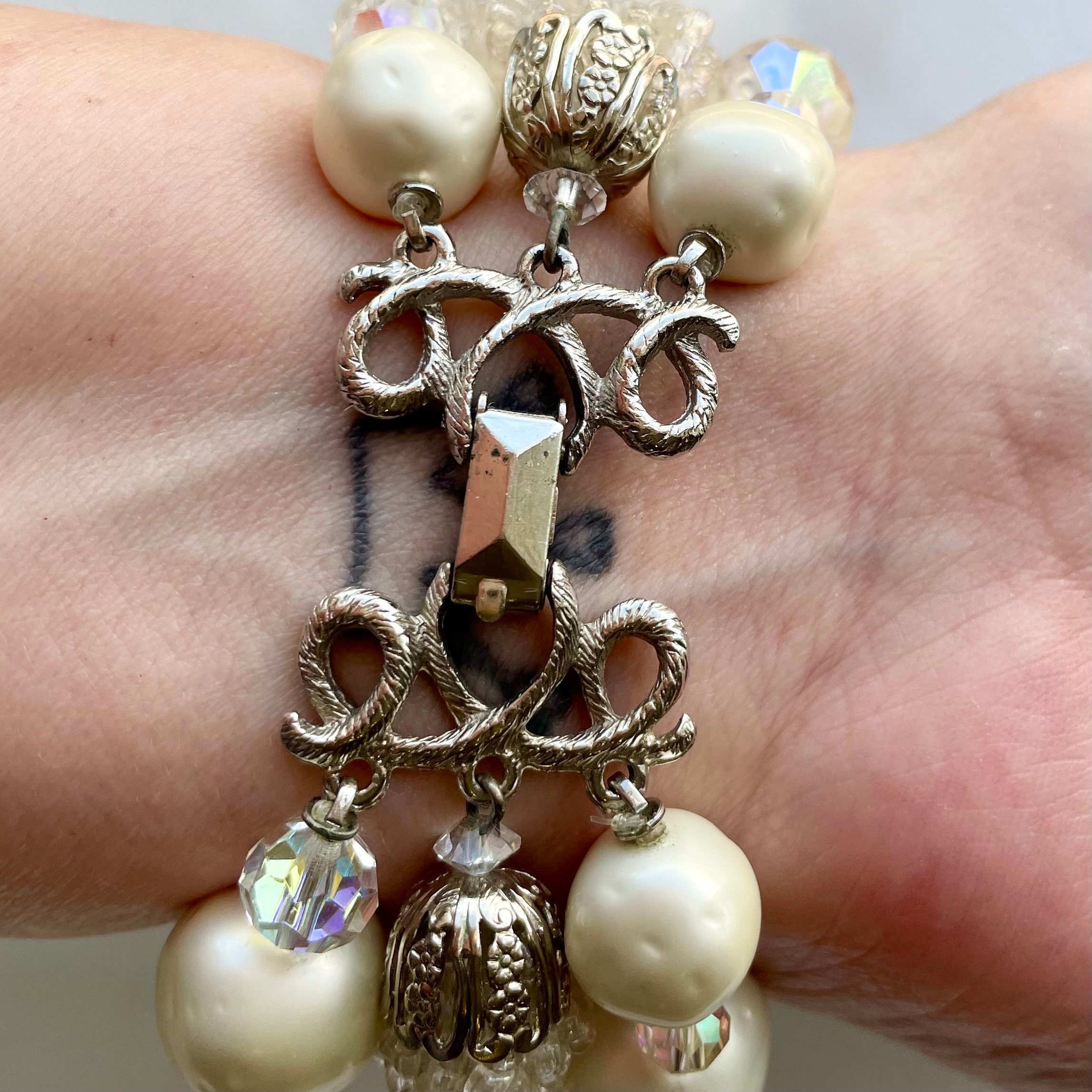 Vintage Kramer Beaded Bracelet, 1950s Pearl Aurora Borealis