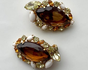 Vintage Amber, Pale Yellow, Dark Brown Rhinestone and Milk Glass Clip on Earrings, Ear Climbers, Gift for her
