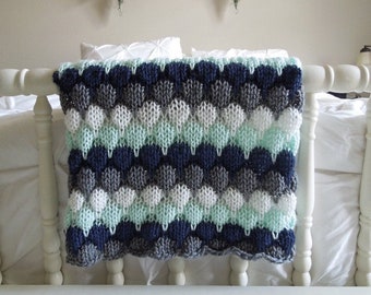 Knit Baby Blanket, Baby Boy Blanket, Baby Shower Gift / Navy Blue, Mint Green, Gray, White