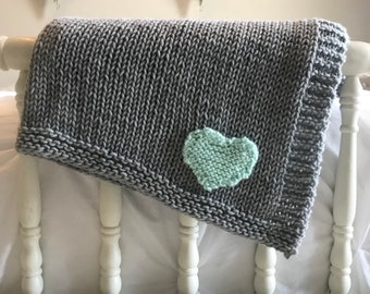 Knit Baby Blanket with Heart, Gender Neutral Blanket, Baby Shower Gift / Gray, Mint Green