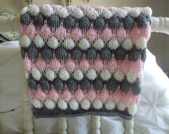Knit Baby Blanket, Baby Girl Blanket, Baby Shower Gift / Pink, Gray, Ivory