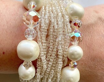 Vintage Kramer Beaded Bracelet, 1950s Pearl Aurora Borealis