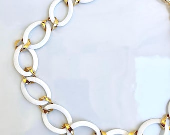Vintage Monet Gold Tone White Enamel Chain Link Choker Necklace