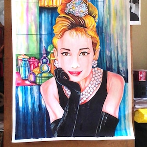 Original Watercolor by Brenda Williams  Audrey Hepburn in Breakfast At Tiffany&#39;s -Lg Poster Size 22 x 30&quot; Unframed Watercolor