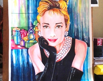 Original Watercolor by Brenda Williams  Audrey Hepburn in Breakfast At Tiffany's -Lg Poster Size 22 x 30" Unframed Watercolor