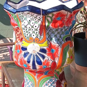 Talavera Navy Blue Top Multicolored Scalloped Edge Mexican Clay Pottery Flowerpot/Planter Or Decorative Piece Ships Free With Insurance