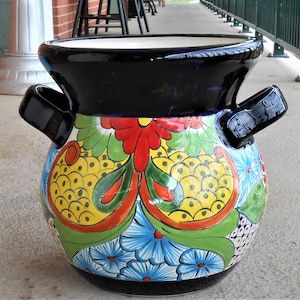 Very Large Cobalt Blue Topped Multi Colored Talavera Mexican Pottery Flower Pot Vase Planter Or Decorative Piece Ships With Insurance