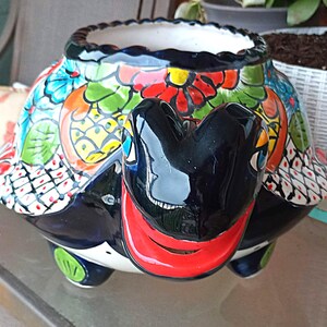 May include: A ceramic turtle-shaped planter featuring a glossy black head with a bright red mouth. The shell is decorated with a vibrant, multi-colored floral pattern in shades of red, orange, blue, and green, accented by a white grid design.