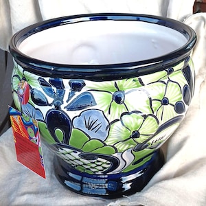 Large Talavera Flowerpot Planter On A Small Base and Two Small Raised Handle Shaped Knobs on the Sides- It Ships With Insurance.