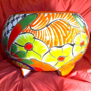 Large Orange and Colorful 3 Legged Tall Mexican Talavera Flowerpot/ Bowl Ships With Insurance