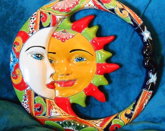 Grande arazzo da parete Talavera con sole, luna e stelle colorate, spedizione assicurata.