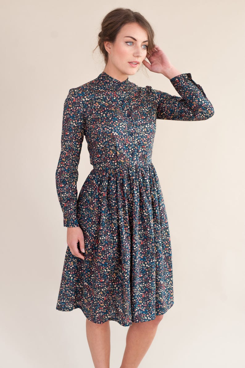 dark floral dress with sleeves