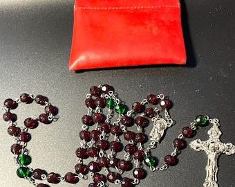 Vtg. Virgin Mary, Baby Jesus Crucifix Catholic Rosary w/Case 23&quot; Maroon & Green