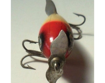 Vtg. Wood Mini Red & White Fishing Spinning Lure Antique Tackle Box Bait 2"