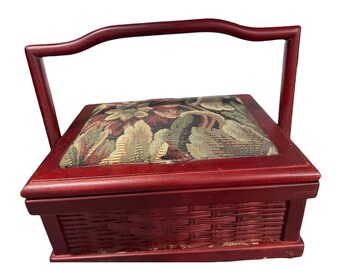 Vintage Sewing basket, Wood and tapestry