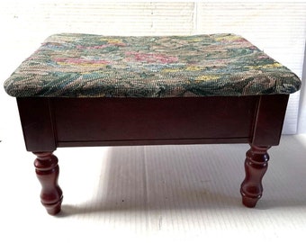 Wooden Footstool with Lift up Hinged Storage Floral Tapestry