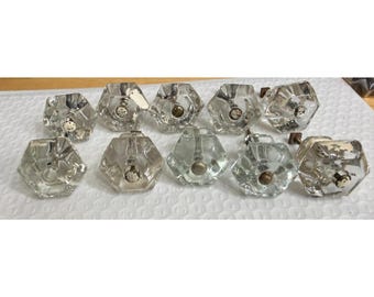 Tiradores y pomos de cristal transparente vintage para armarios, lote de 10 unidades, hexagonales antiguos.