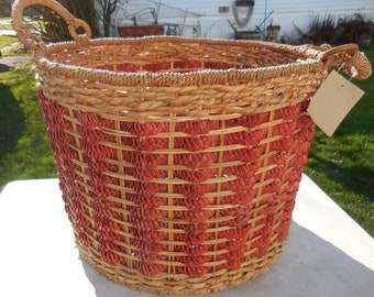 Vintage Large Hand Woven Round Basket,Laundry, 18" Round w/Handles & Tag