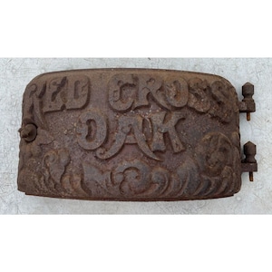 Antique Vintage Original Red Cross Oak Embossed Salvage Cast Iron Fireplace Door
