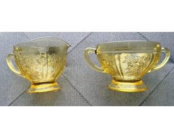 Vintage Amber Yellow Depression Glass Roses Cream And Sugar Set