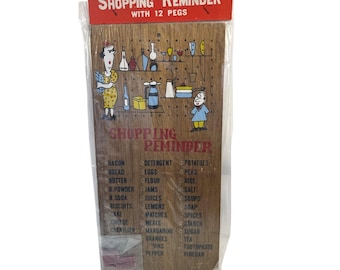 Vintage Wooden Shopping Reminder Board Purple Pegs NOS Mid-Century Kitchen Dec