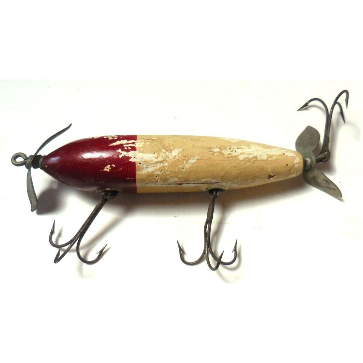 Leurre de pêche vintage en bois rouge et blanc à queue plate 5