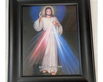 Jesus I Trust In You, Divine Mercy 11&quot; x 13&quot; Color Print Gold Tone Wood Frame