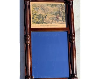 Specchio vintage in stile primi anni dell'America con cornice in legno e litografia di Currier & Ives.