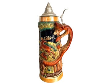 Original King German Beer Stein 2L Fox Handle Relief Hunter’s Joy Deer Stag 15”