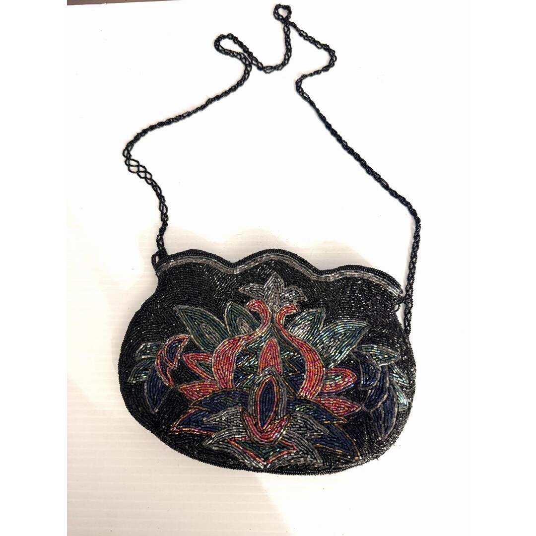 Vintage Art Deco Micro Beaded Evening Purse Black Floral Glass Beads ...