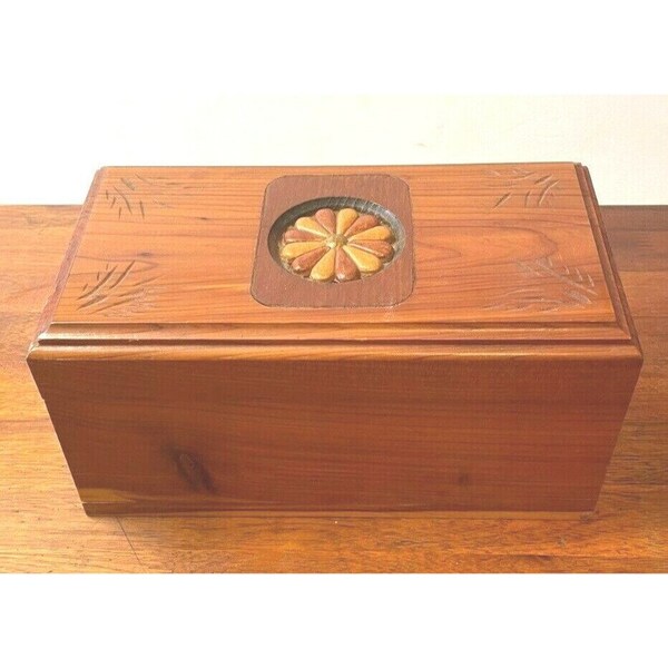 Vintage Cedar Chest Jewelry Trinket Box w/Inlay Design & 3 Compartments